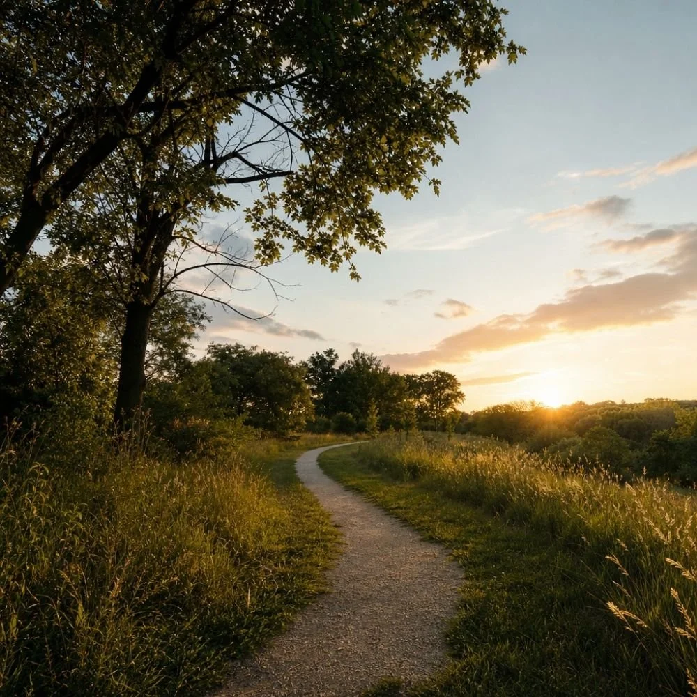 Paul Wogan Therapy. A winding dirt path through a grassy field with trees, during sunset or sunrise with a partly cloudy sky.