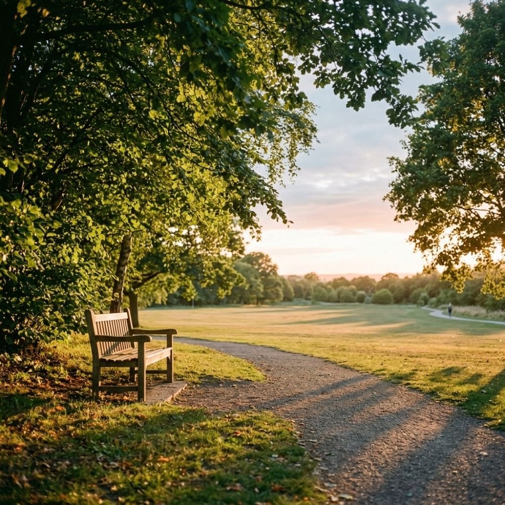 Paul Wogan Therapy. A wooden bench on a grassy patch next to a path in a park during sunset, with green trees and a partly cloudy sky.