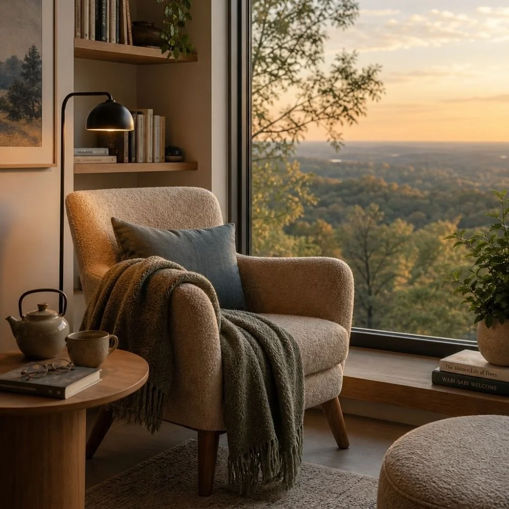 Paul Wogan Therapy. Cozy living room corner with armchair, blanket, pillow, side table with teapot and cup, bookshelf, and large window showcasing a scenic view of trees and a sunset.