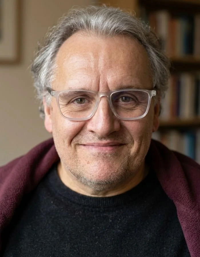 Paul Wogan Therapy with gray hair and glasses smiling, in an indoor setting with bookshelves in the background.