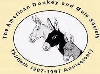 Logo of The American Donkey and Mule Society celebrating its 30th anniversary from 1967 to 1997, featuring illustrations of a donkey, a black mule, and a gray mule.
