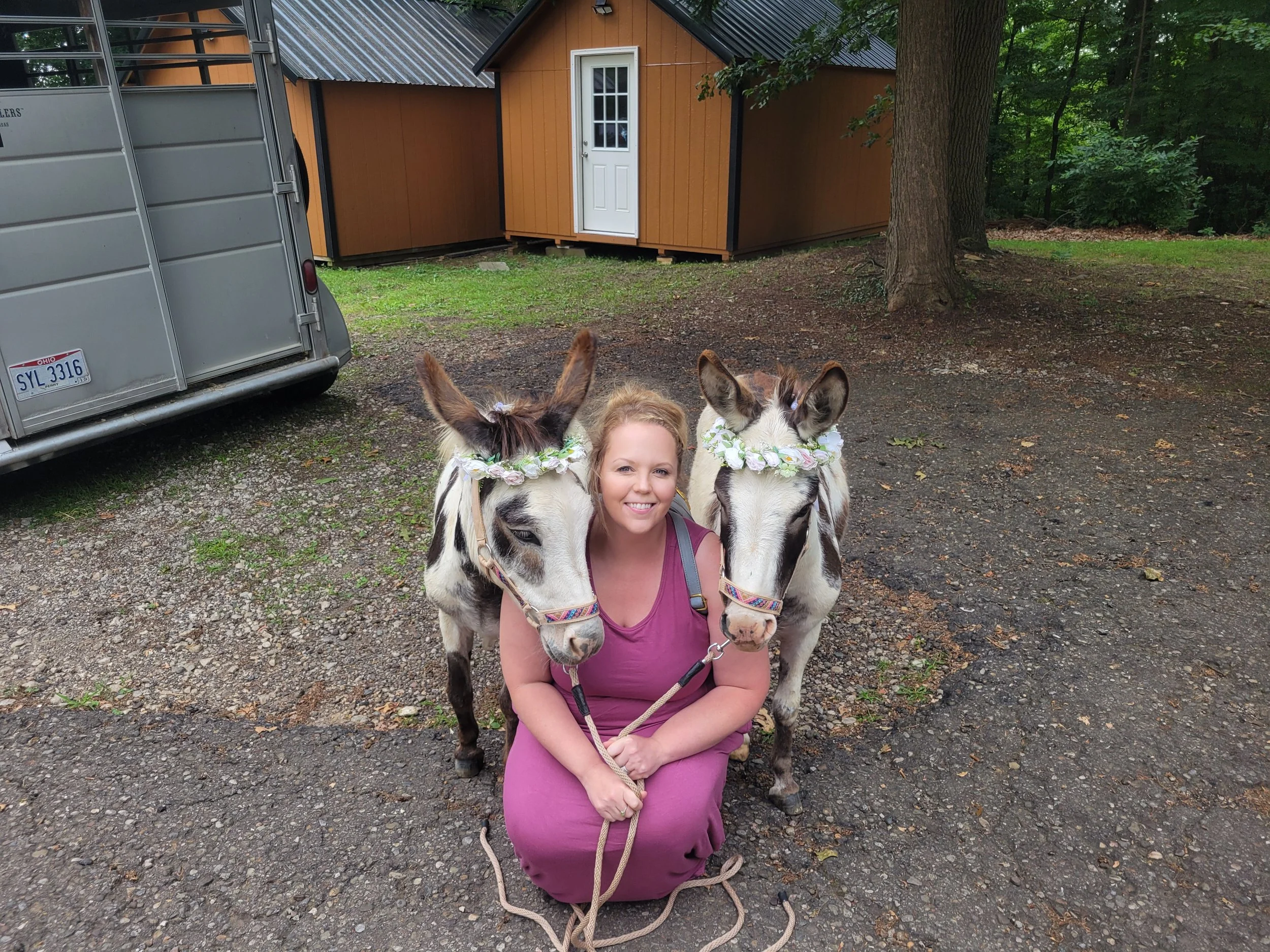 A woman with blonde hair sitting on the ground outdoors, holding two decorated donkeys with flower collars around their necks. There is a large tree and a small wooden shed in the background.
