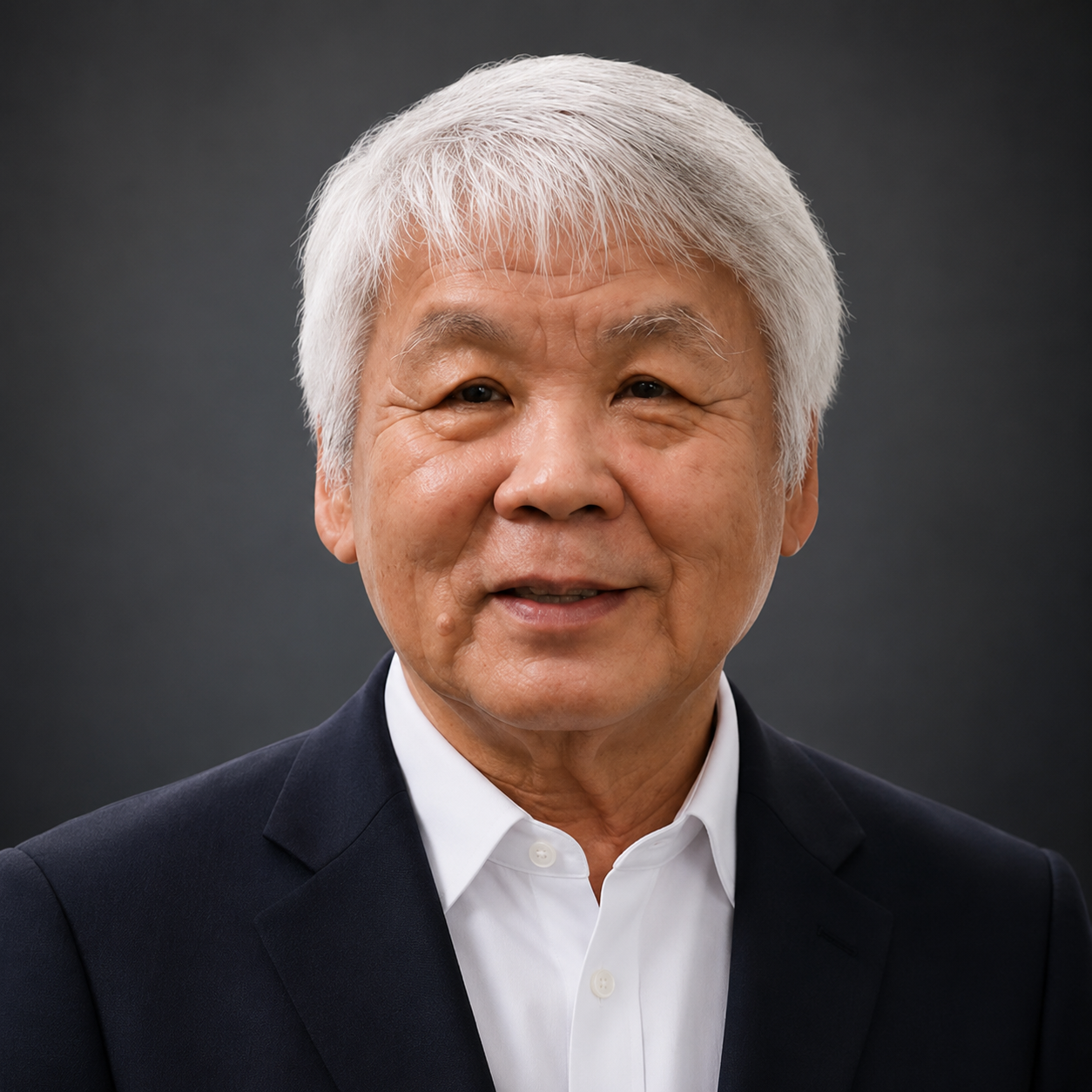 A portrait of an elderly Asian man with white hair, wearing a dark suit and white shirt, smiling slightly against a plain dark background.