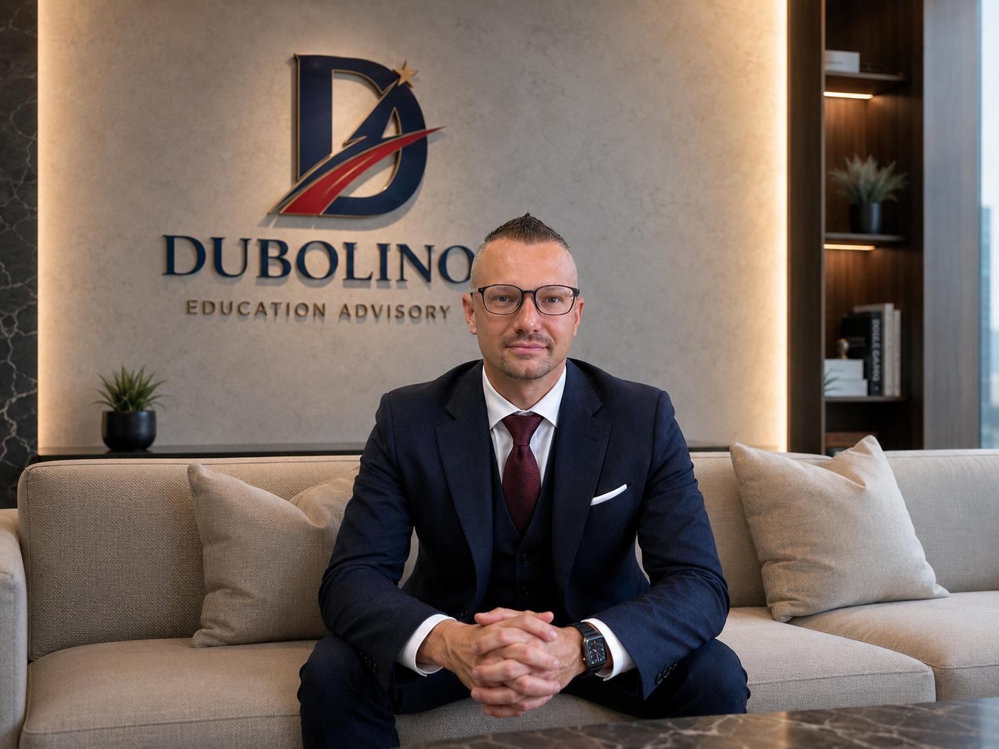 Man in business suit sitting on a beige couch in an office lobby, with a logo and text on the wall behind him reading 'DUBOLIN EDUCATION ADVISORY'.