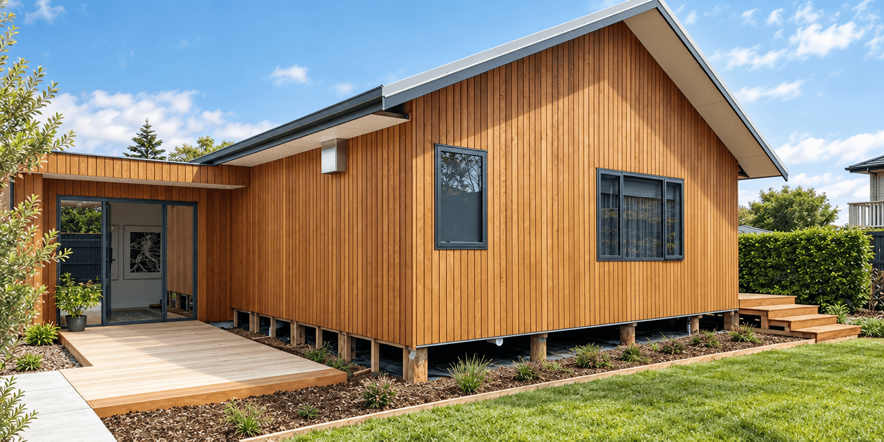 Adams Building contemporary new build with timber cladding and outdoor decking in New Plymouth, Taranaki.
