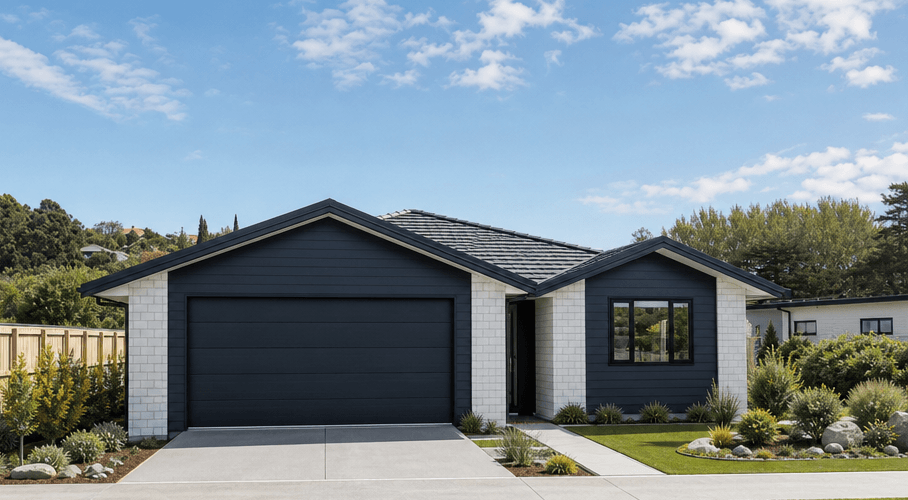 Adams Building & Construction contemporary new build with double garage, contrasting cladding and landscaped frontage in New Plymouth, Taranaki.