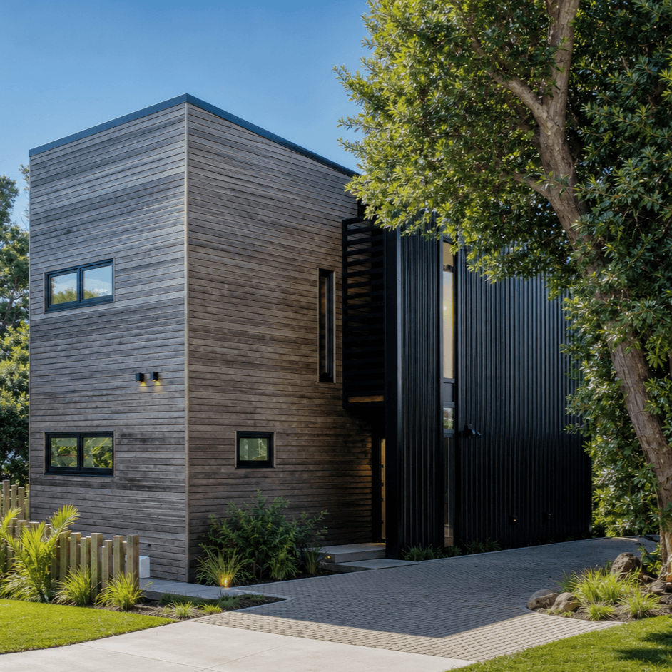 Adams Building architectural home with timber cladding nestled among native bush in Fitzroy, New Plymouth.