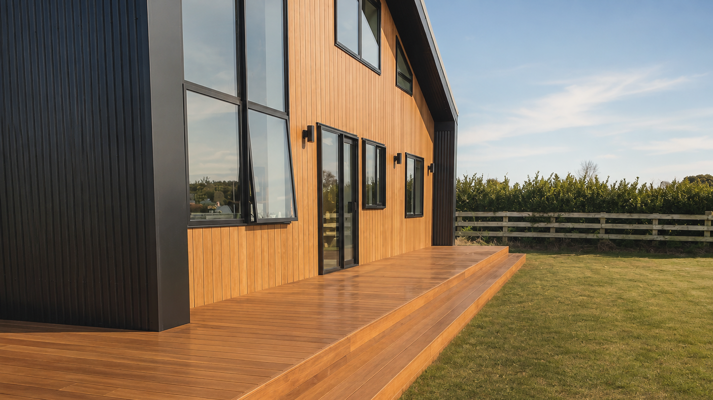Adams Building new build with timber cladding, large windows and outdoor decking in New Plymouth, Taranaki.