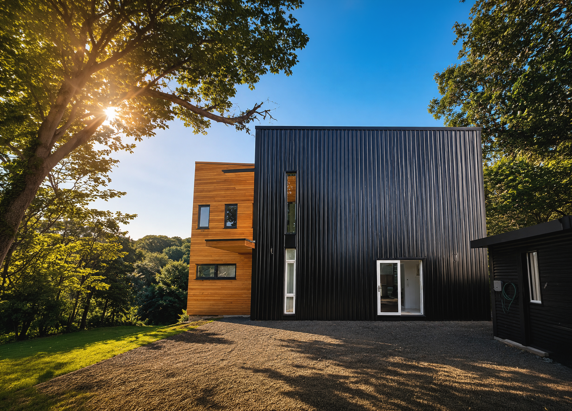 Adams Building architectural home with timber and dark cladding surrounded by established trees in Fitzroy, New Plymouth.