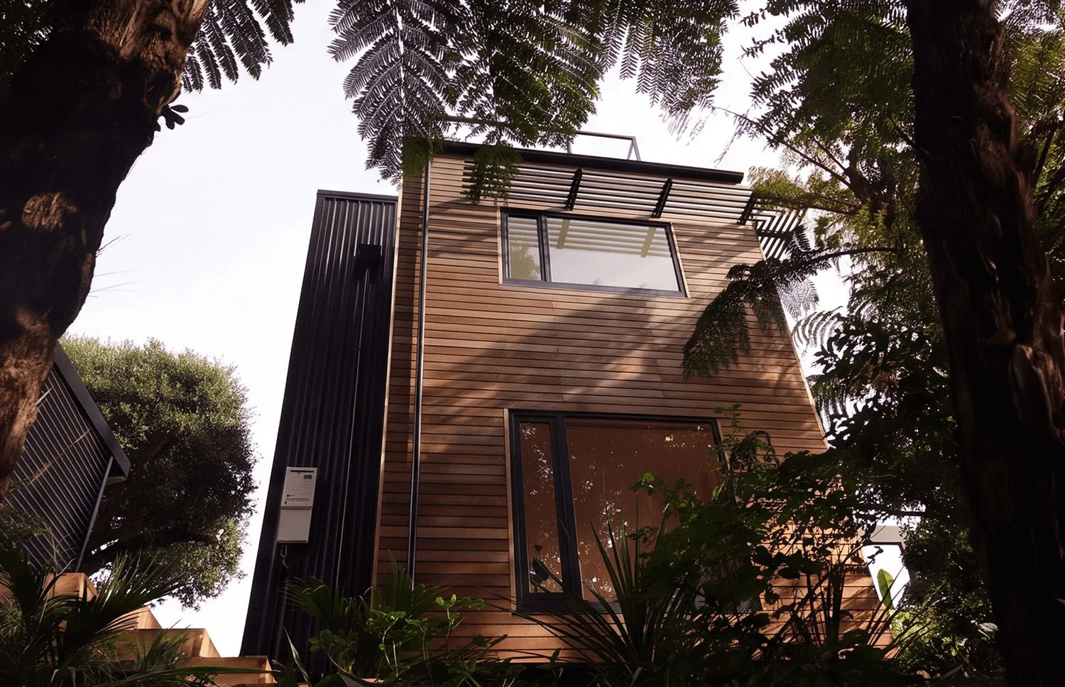 Adams Building architectural home with timber cladding nestled among native bush in Fitzroy, New Plymouth.
