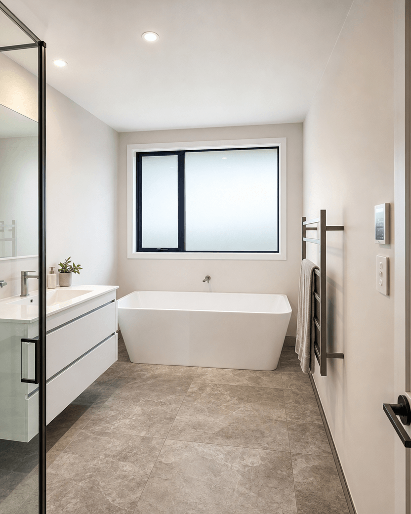 Adams Building contemporary bathroom with freestanding bath, tiled floor and modern vanity in New Plymouth, Taranaki.
