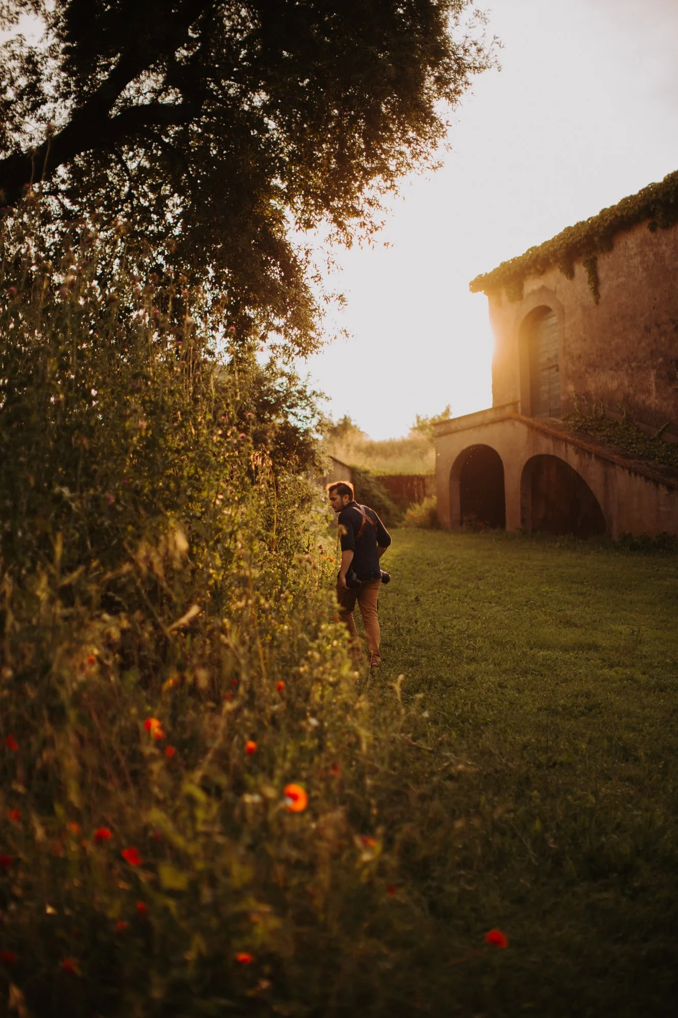 Marco Ciampelli cammina tra la vegetazione sarda al tramonto