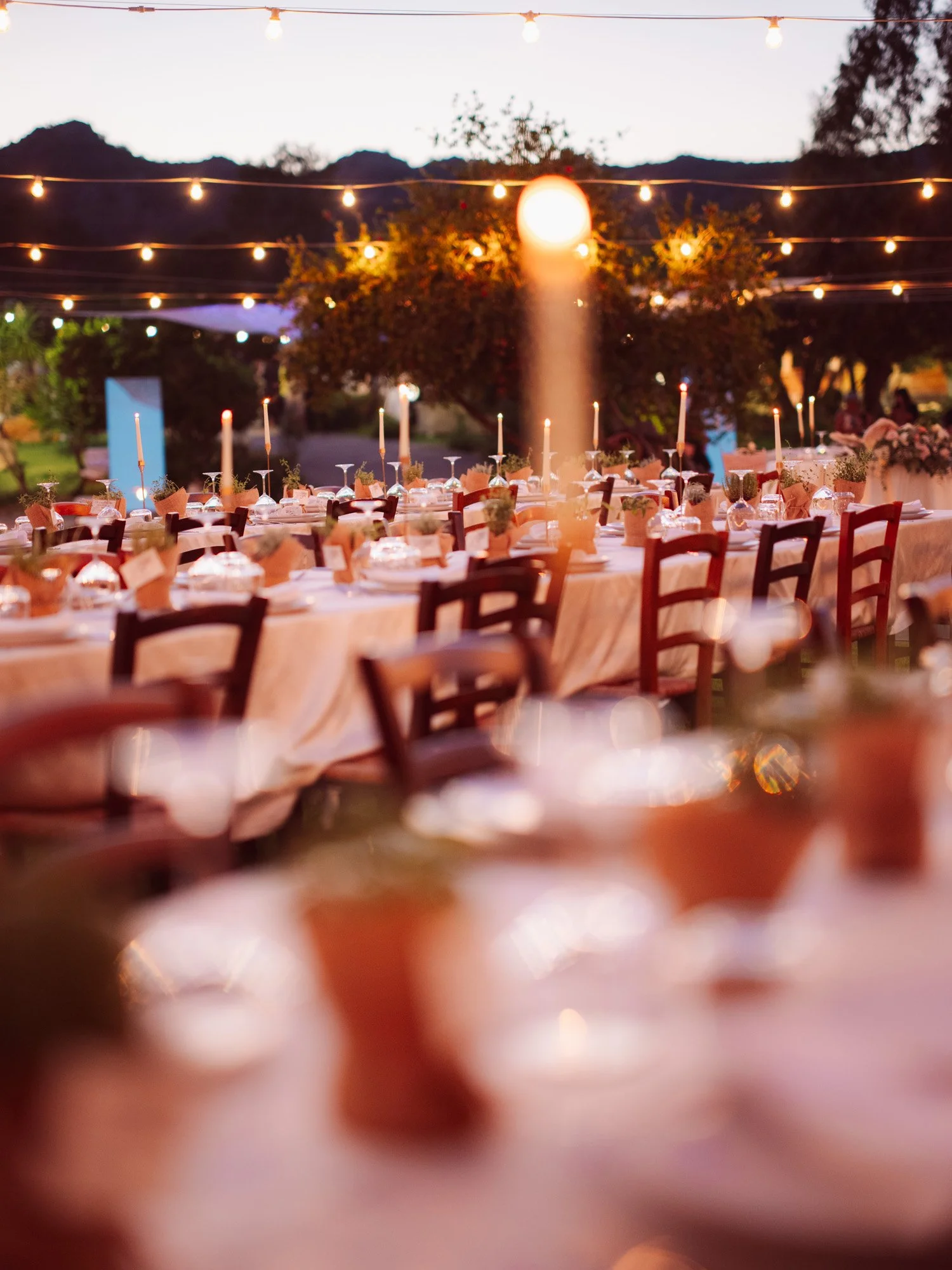 Tavola imperiale all'aperto elegantemente allestita e illuminata da catene di luci calde in giardino