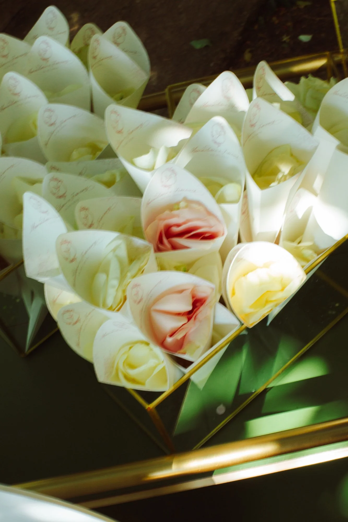 Coni di carta personalizzati riempiti con petali di rosa bianchi e rosa pronti per il lancio dopo la cerimonia