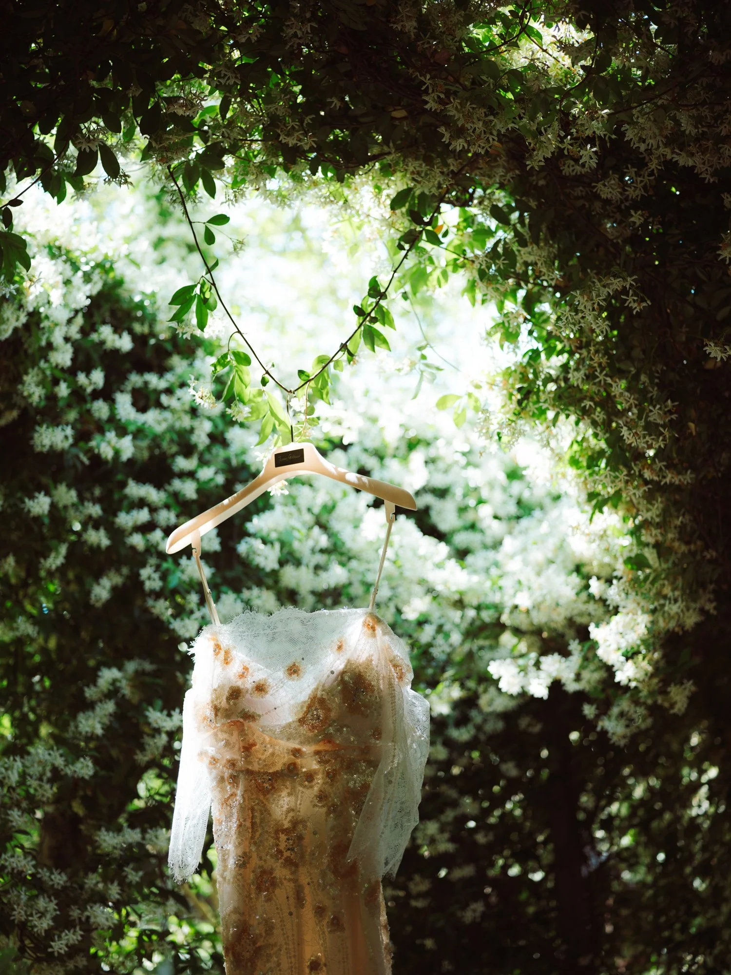 Abito da sposa con dettagli ricamati e maniche in pizzo appeso ad una gruccia tra fronde di gelsomino bianco in fiore