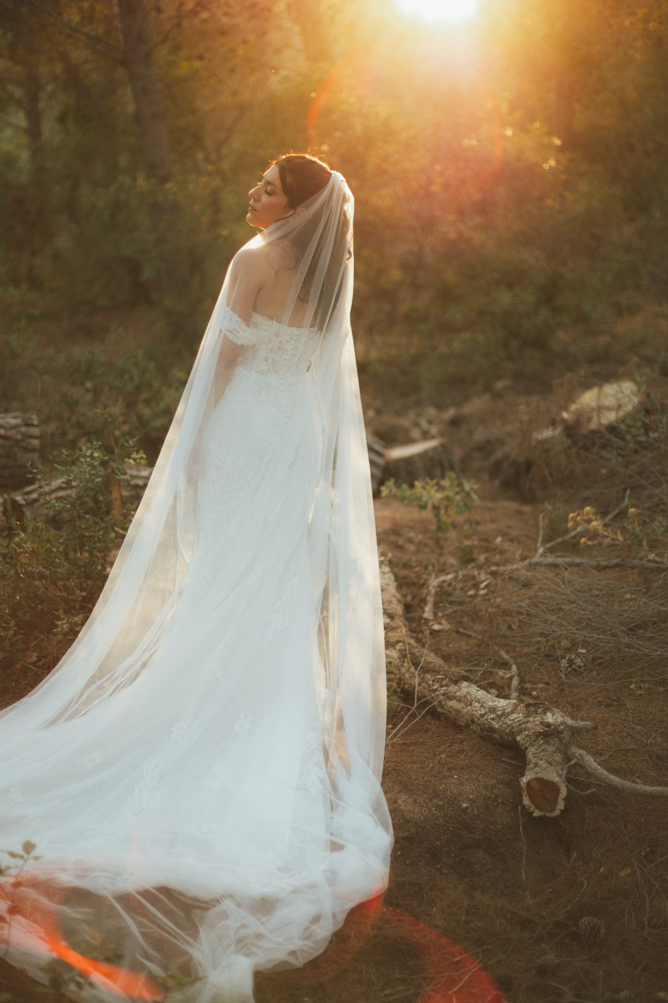 La sposa di spalle con un lunghi velo trasparente illuminata dalla calda luce del tramonto nel bosco.