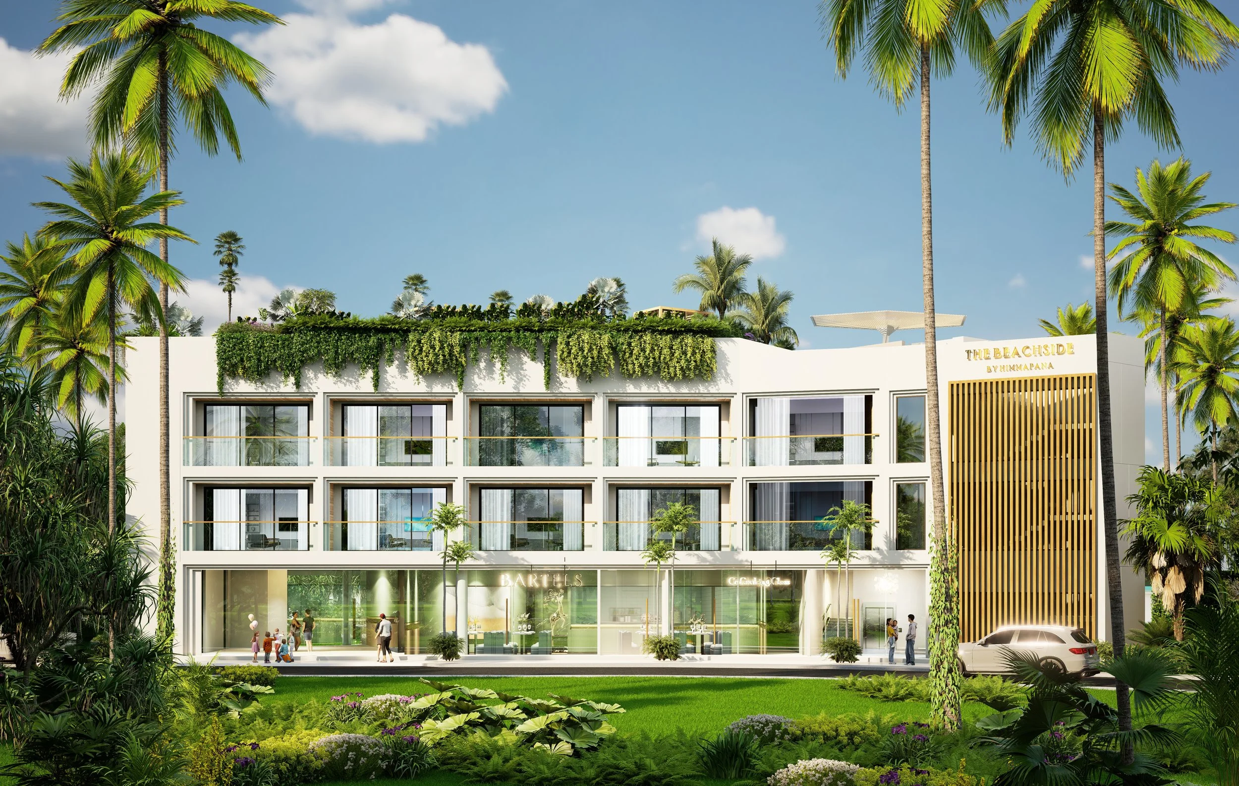 Modern building with multiple floors, glass balconies, greenery on rooftop, surrounded by palm trees, people outside, and a car parked nearby.