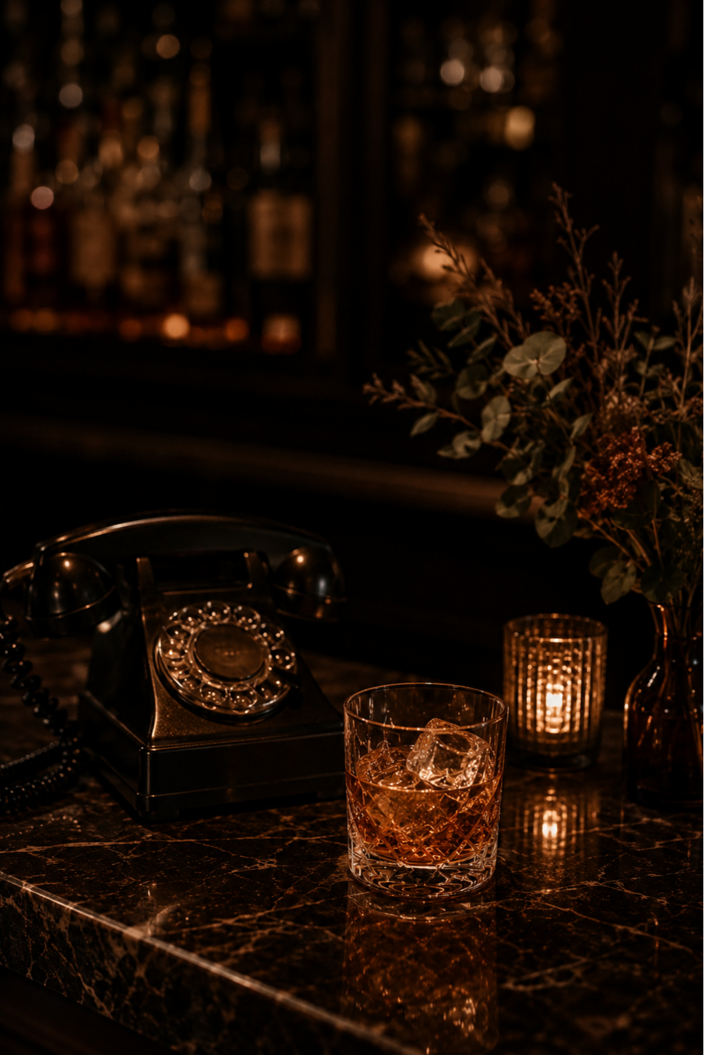 A vintage rotary phone, a glass of whiskey with ice, a small candleholder with a lit candle, and a floral arrangement in a vase on a dark, polished marble surface in a dimly lit setting.