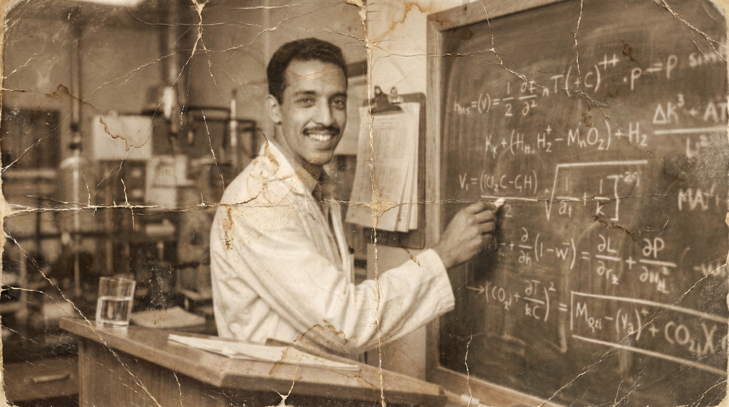 A young man with a smile, wearing a white lab coat, writing formulas on a blackboard in a science classroom.