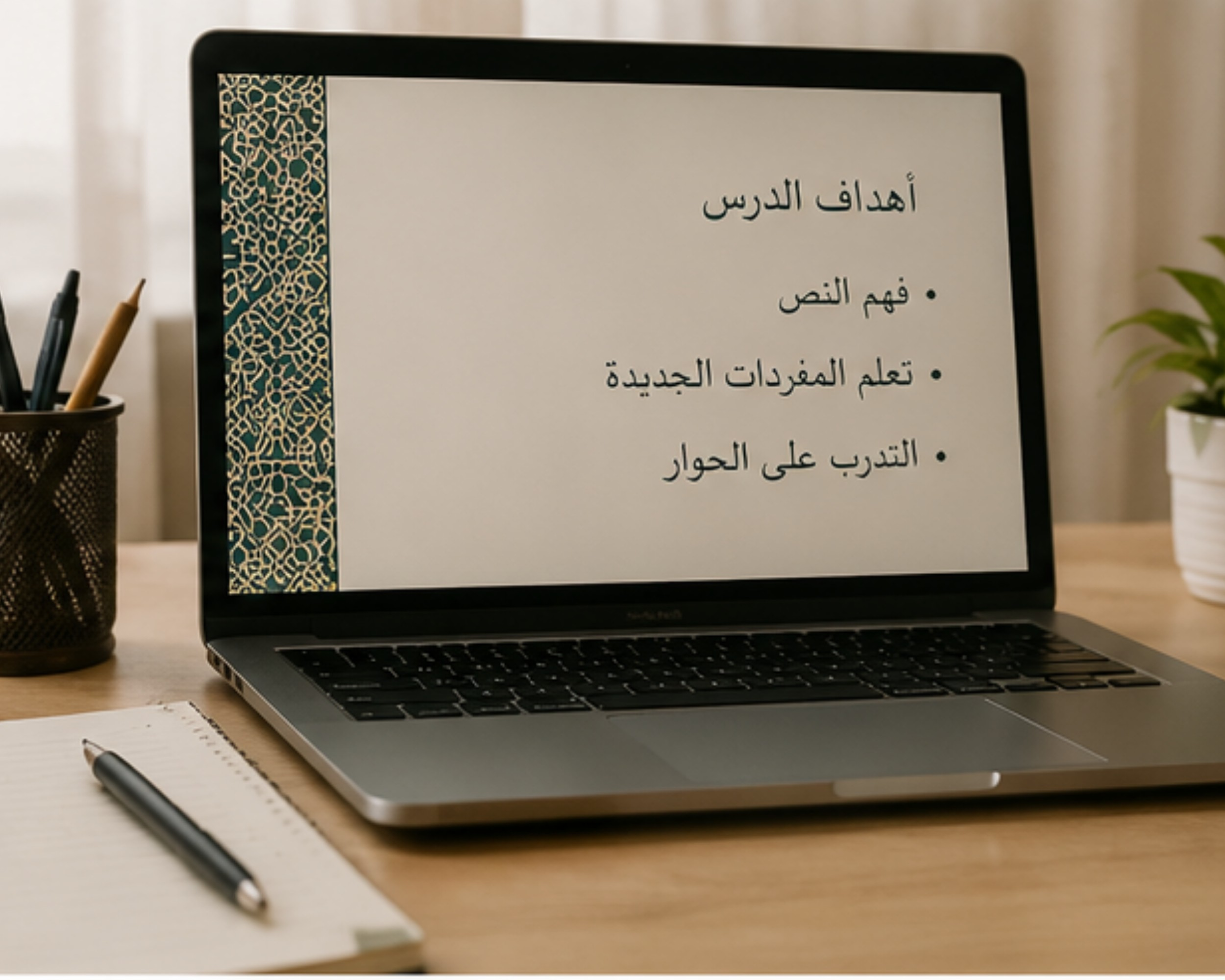 Un ordinateur portable affichant une présentation avec le titre en arabe, une éponge à peinture au pinceau, un carnet avec un stylo, et une plante verte dans un pot blanc sur un bureau en bois.
