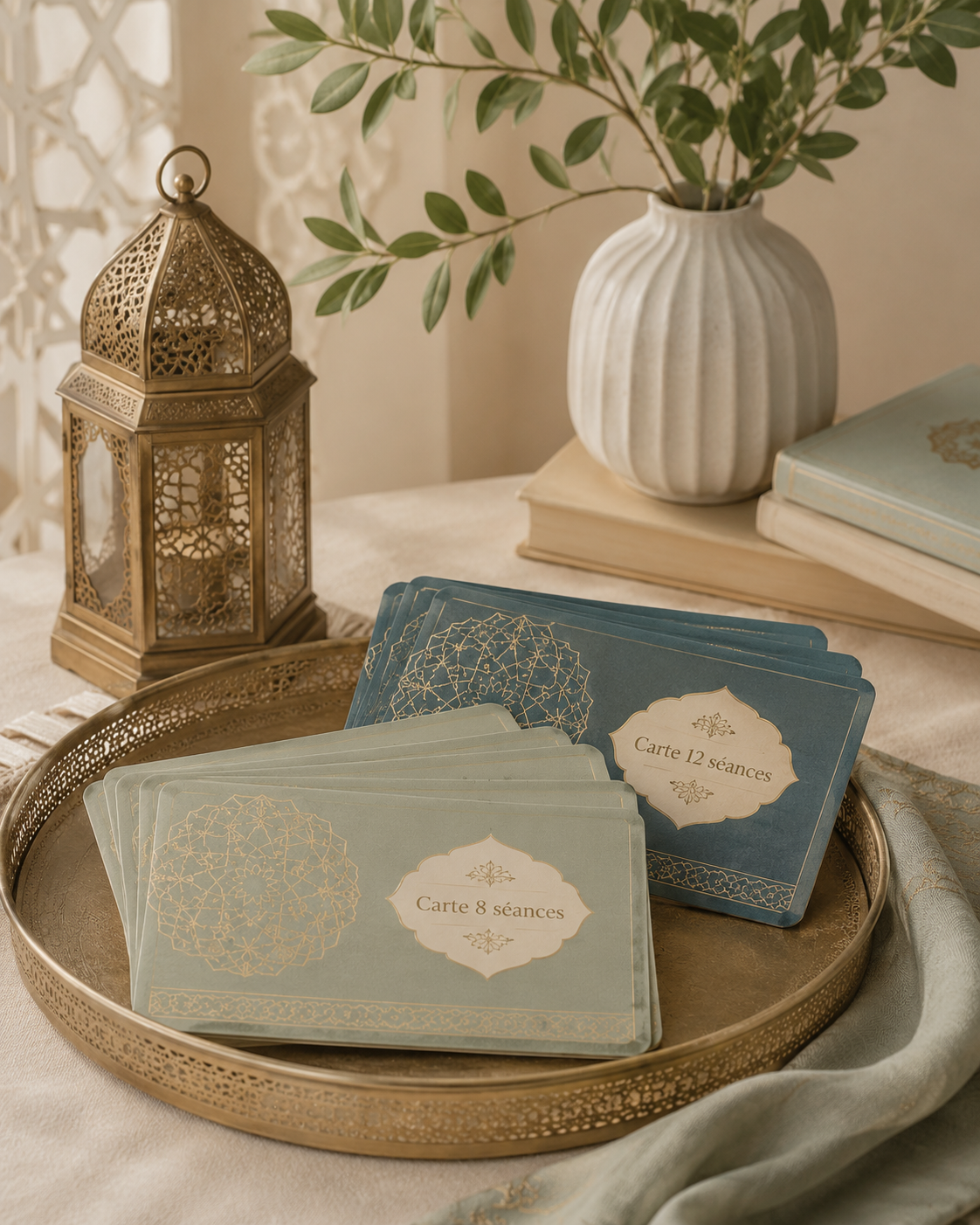 Plateau doré avec des cartes de séances, une lanterne en métal, un vase en céramique avec des feuilles vertes, des livres, décorations d'inspiration orientale.