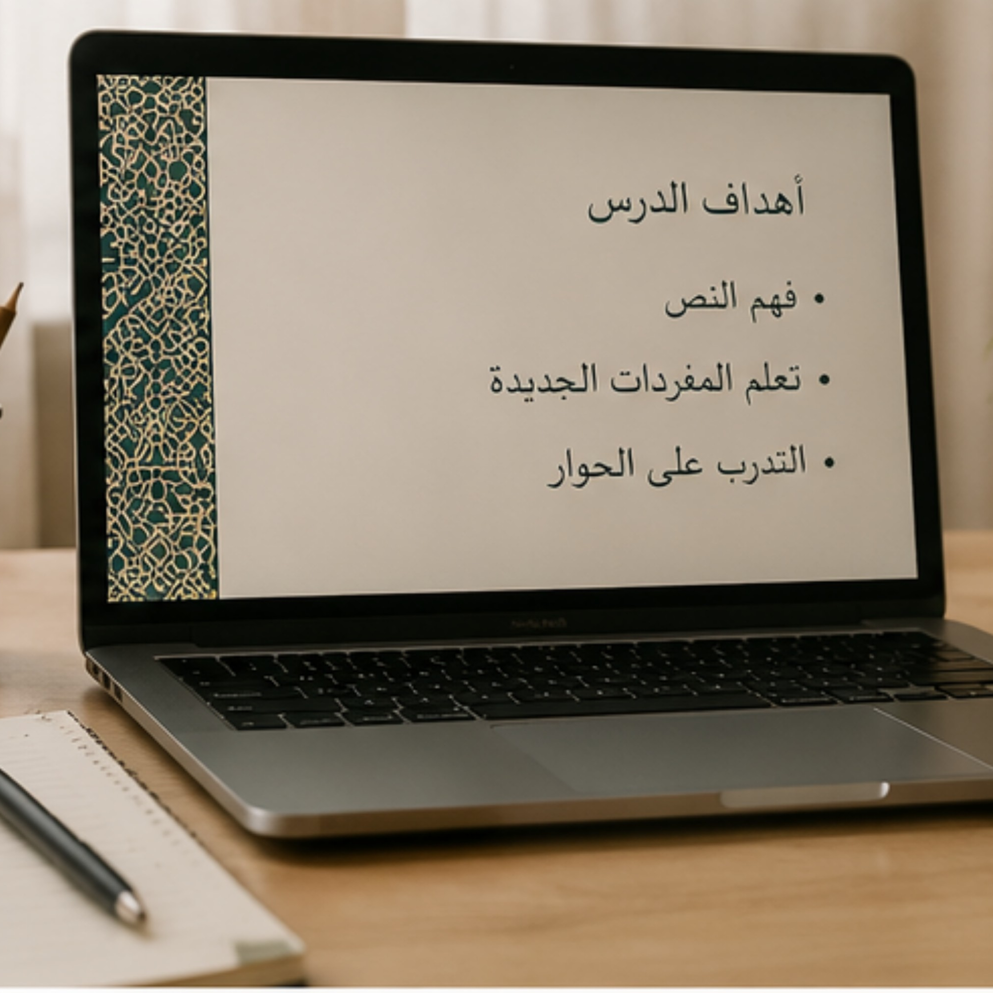 Ordinateur portable sur un bureau avec un stylo, une feuille et une feuille de papier à côté.