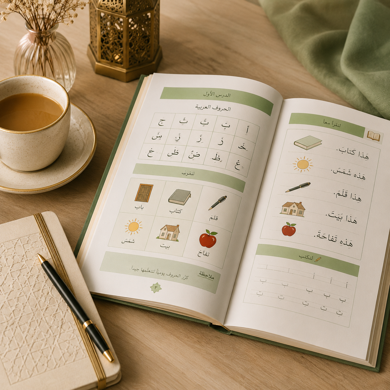 Un livre d'apprentissage de l'arabe ouvert avec des illustrations de portes, livres, soleil, stylo, maison, pomme, et textes en arabe et français, posé sur une table avec une tasse de café, un vase de fleurs, une boîte élégante, un carnet avec un stylo, et un tissu vert en fond.