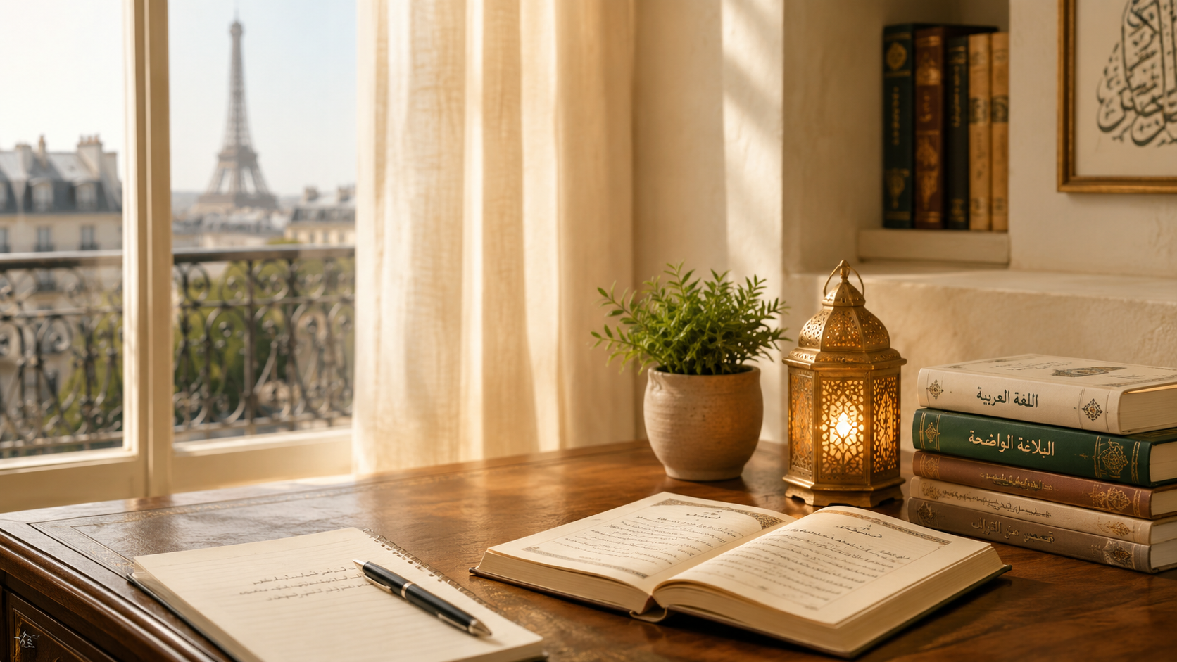 Un bureau en bois avec des livres en arabe, un carnet ouvert, un stylo, une plante en pot, une lanterne en métal ouvragé, une fenêtre avec des rideaux laissant entrer la lumière, et la Tour Eiffel visible en arrière-plan.