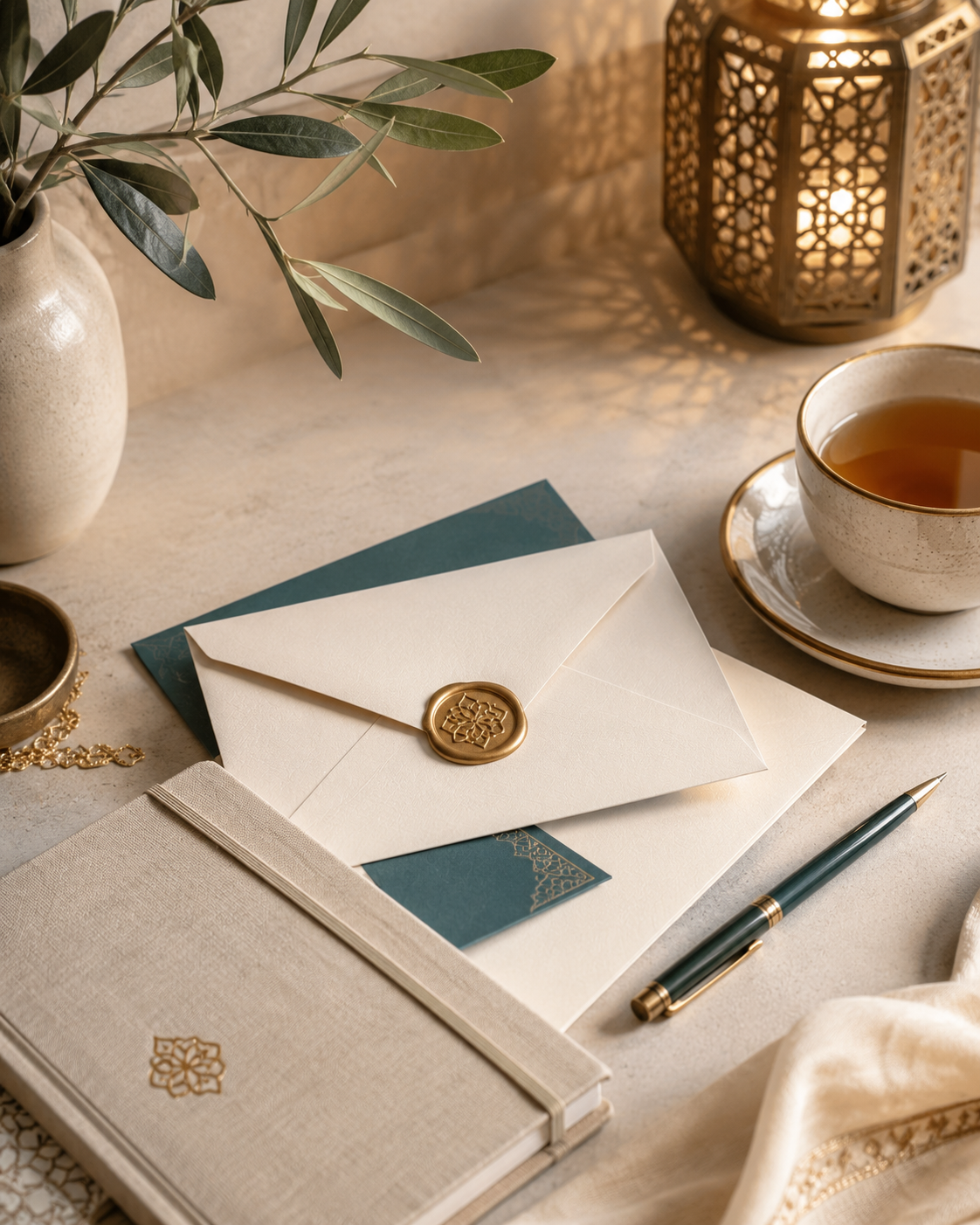 Une table décorée avec une vase contenant des feuilles d'olivier, une lampe en metal avec un motif dé间tain, une tasse de thé avec une soucoupe, un carnet beige et un stylo, ainsi qu'une enveloppe scellée avec un cachet en cire doré.