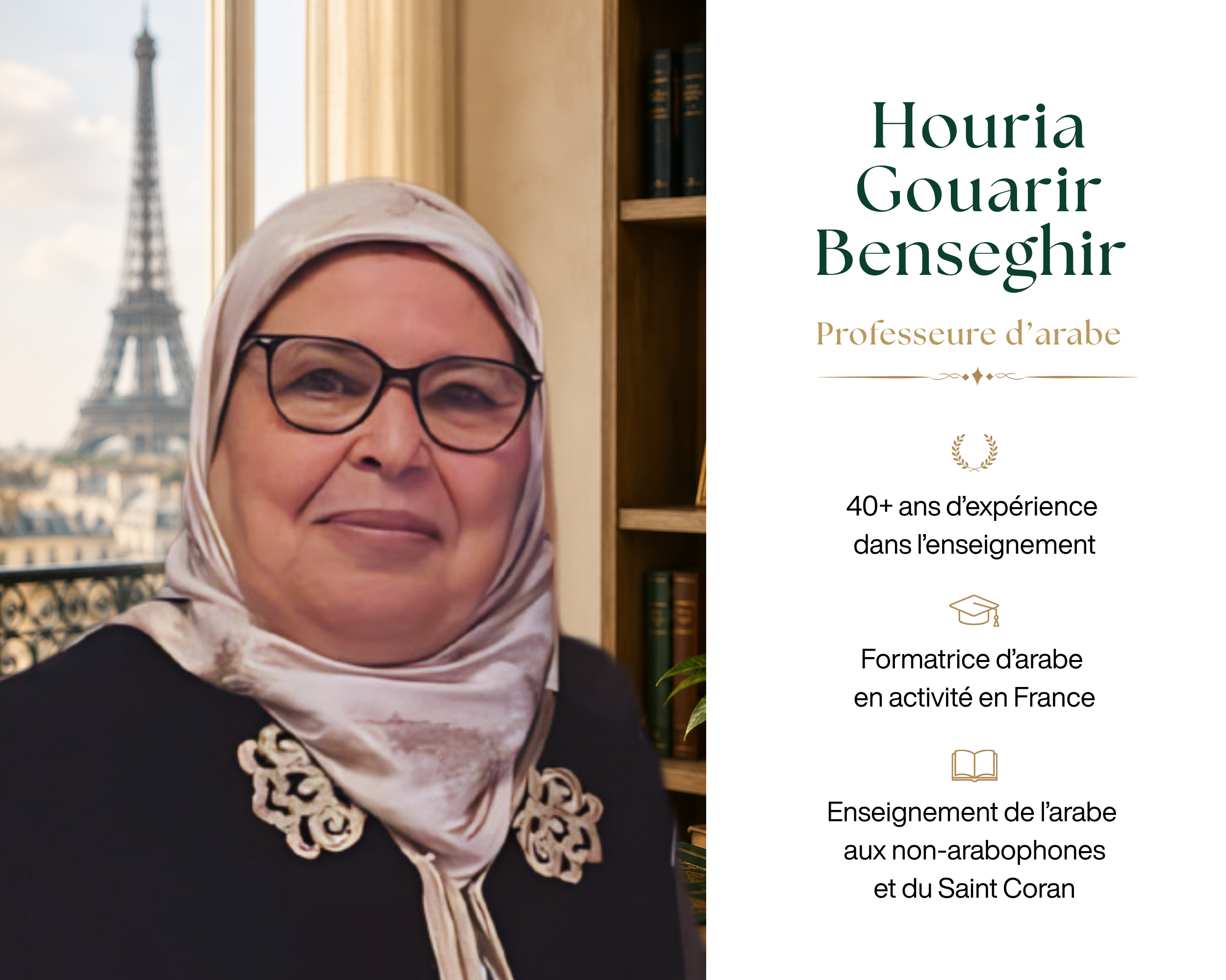 Une femme portant un foulard et des lunettes, avec la Tour Eiffel en arrière-plan, dans un intérieur avec une bibliothèque.
