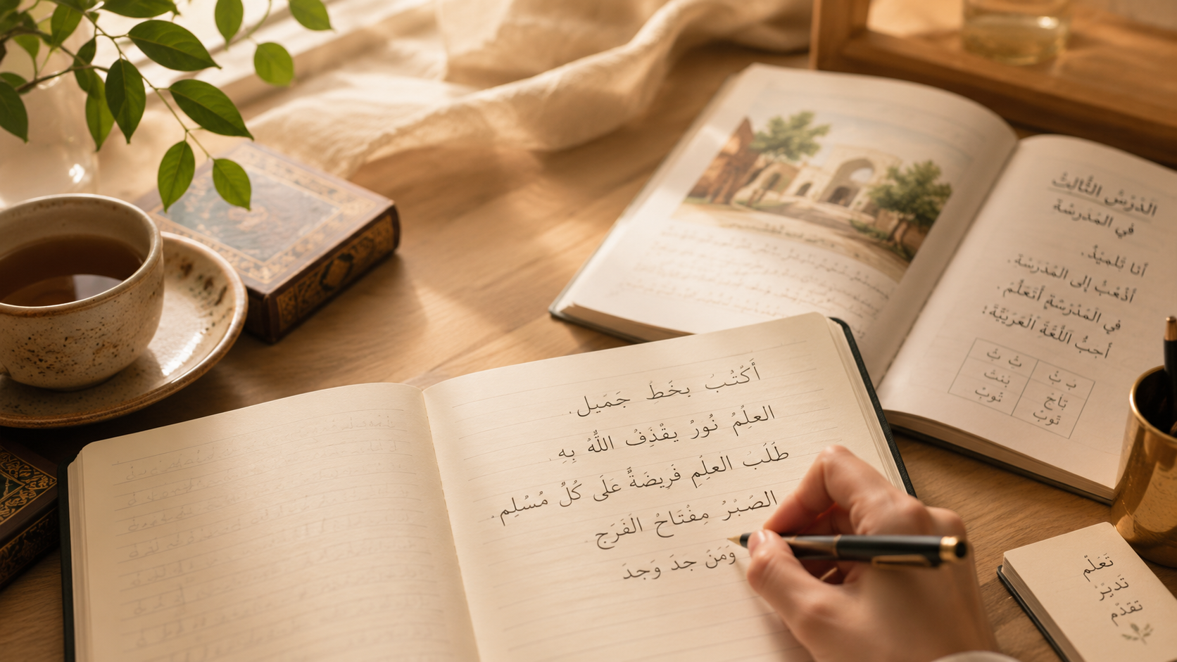 Un bureau en bois avec des livres en arabe, une tasse de thé, une plante verte et un stylo, ambiance chaleureuse et lumineuse.