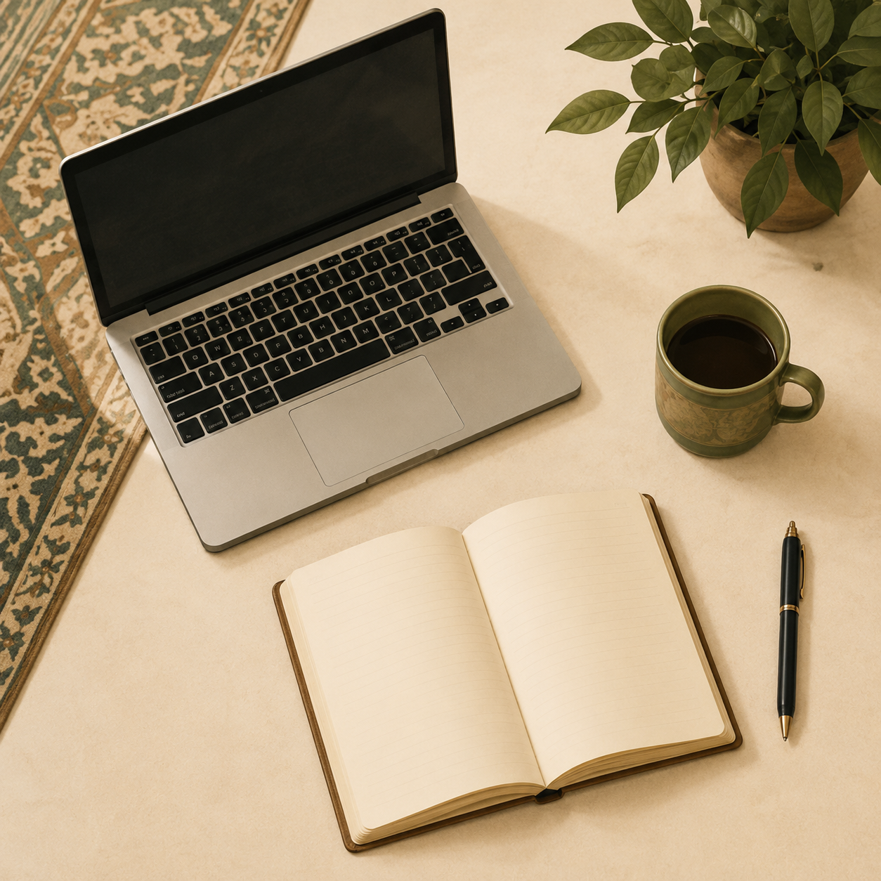 Un bureau avec un ordinateur portable, un mug de café, un carnet ouvert avec des pages blanches, un stylo noir et une plante en pot sur la table.
