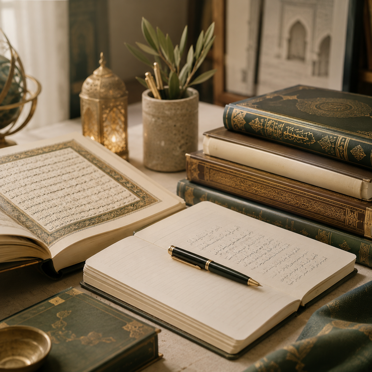 Table avec livres en arabe et en anglais, carnet avec stylo, plante en pot, lanternes, et décorations.