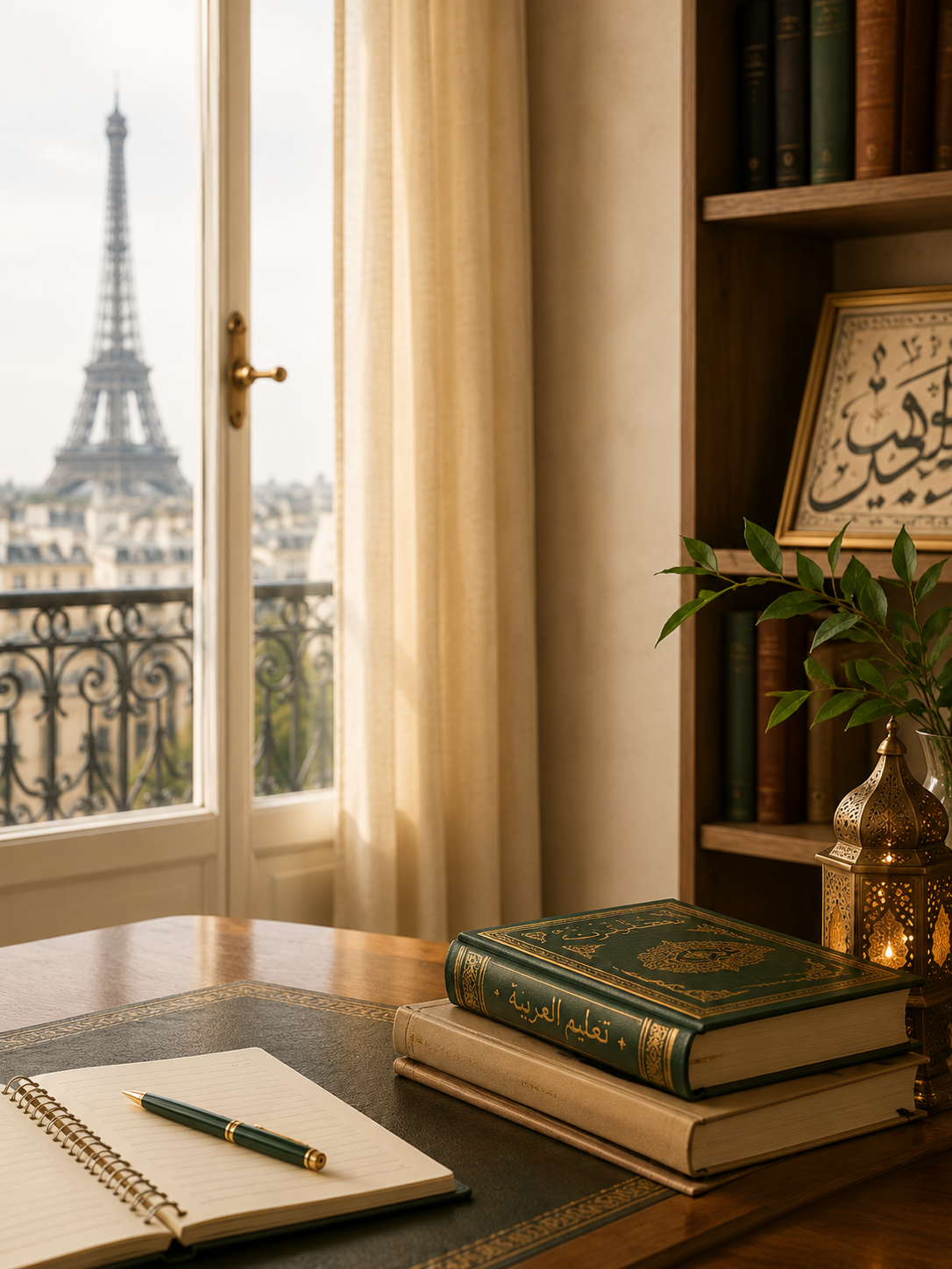 Intérieur d'une pièce avec un bureau en bois, une fenêtre avec vue sur la Tour Eiffel, des livres en arabe et en anglais, un carnet ouvert avec un stylo, une plante verte, une lanterne dorée, et une photo encadrée vue par-dessus.