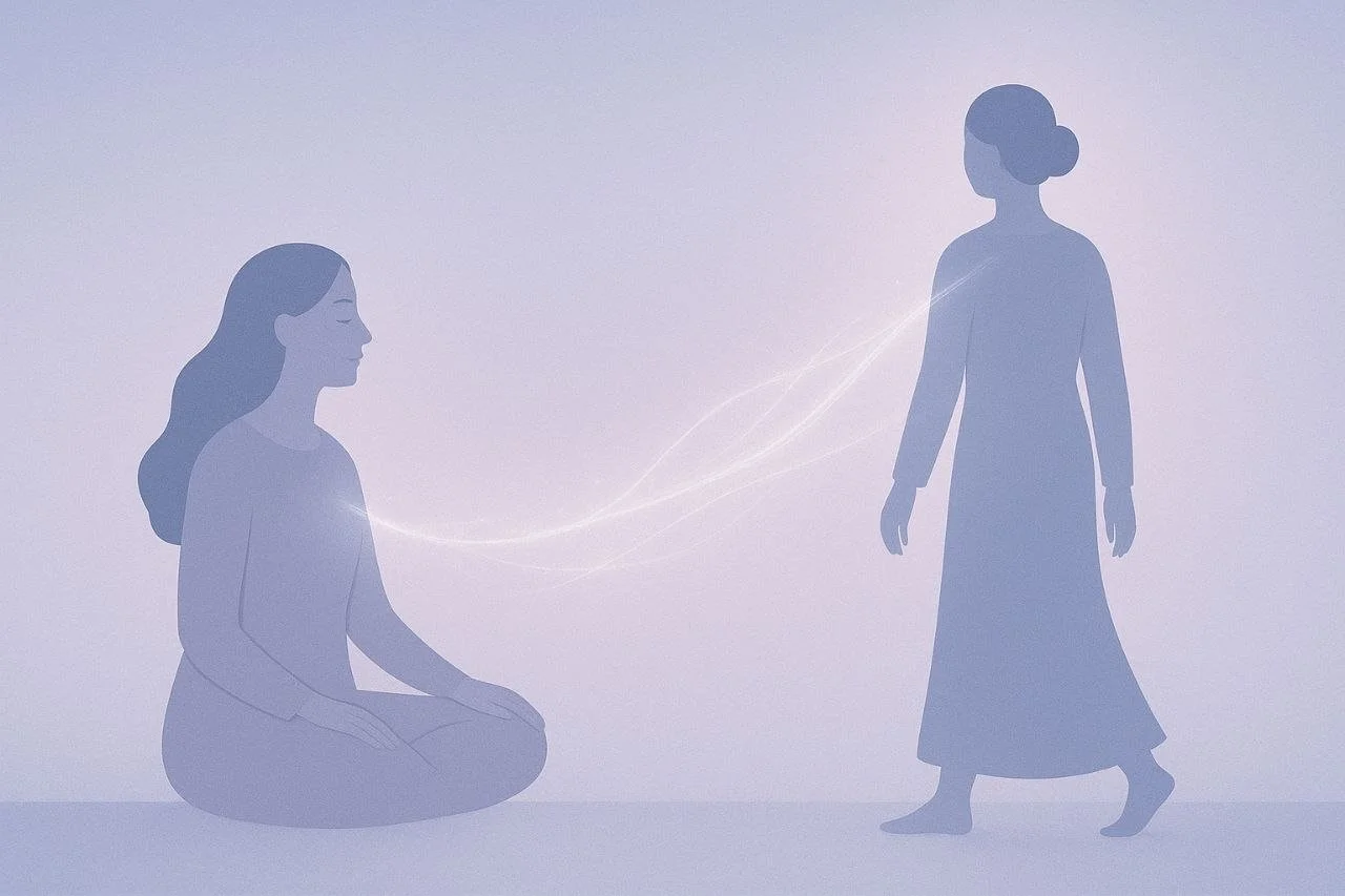 Eine sitzende Frau und eine stehende Frau, die durch eine leuchtende, energetische Linie verbunden sind.