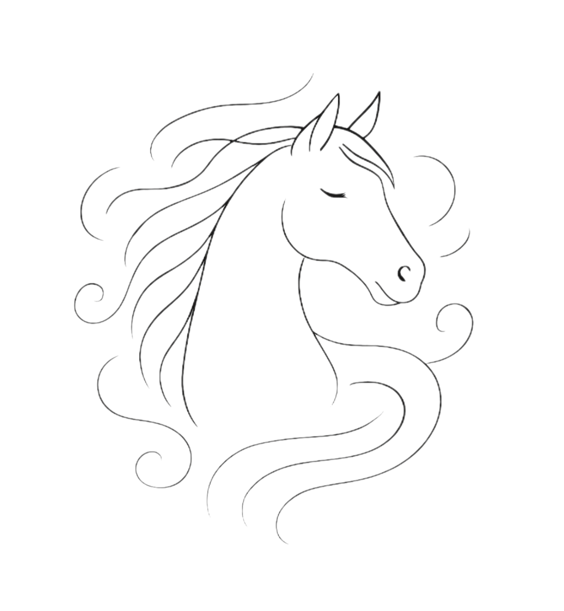 Ein weißes Einhorn mit geflochtenem Schweif und Mähne, geöffnetem Auge mit gelbem Lid, auf weißem Hintergrund.