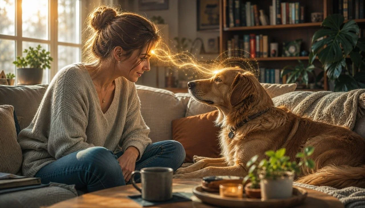 Frau und Hund sitzen sich im Wohnzimmer gegenüber, der Hund blickt liebevoll auf die Frau, die liebevoll lächelt, Sonnenlicht scheint durchs Fenster.
