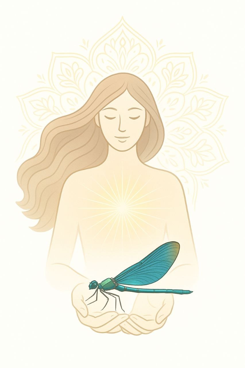 Eine Zeichnung einer lächelnden Frau mit langem, fließendem Haar, die mit geschlossenen Augen nach oben blickt. In ihren Händen hält sie eine große, blaue Libelle. Im Hintergrund befindet sich ein helle Mandala-Design, das einen heiligen oder friedlichen Eindruck vermittelt.