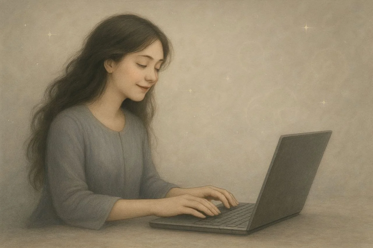 Eine junge Frau mit longem, dunklem Haar arbeitet an einem Laptop, während sie lächelt.
