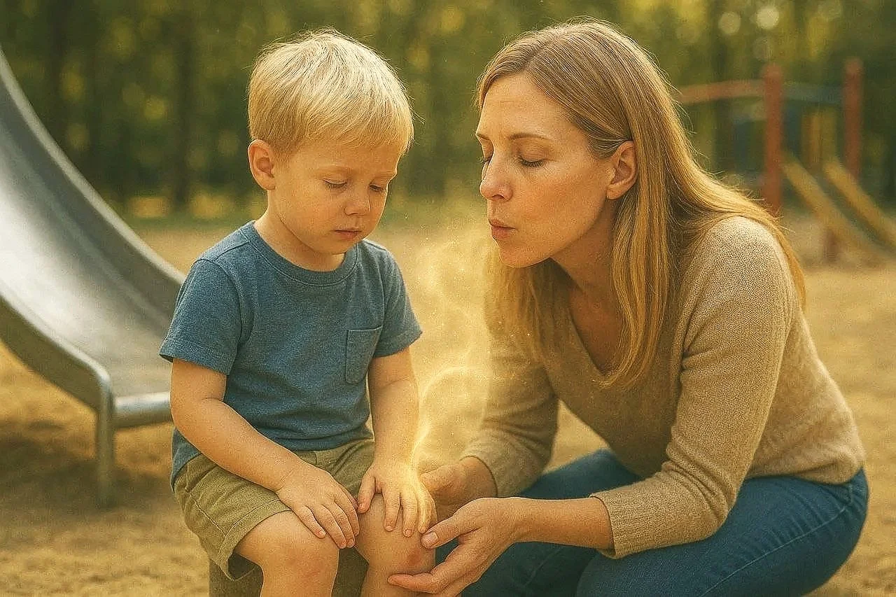 Eine Frau tröstet einen kleinen Jungen auf einem Spielplatz, er scheint Schmerzen im Knie zu haben.