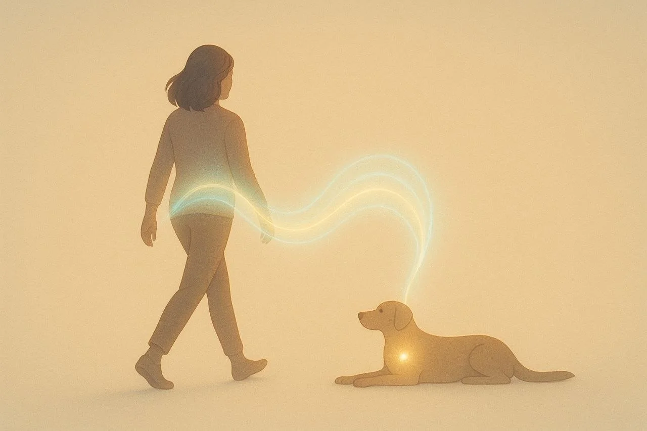 Illustration einer Frau, die mit einem liegenden Hund kommuniziert, mit leuchtenden, wellenförmigen Linien zwischen ihnen