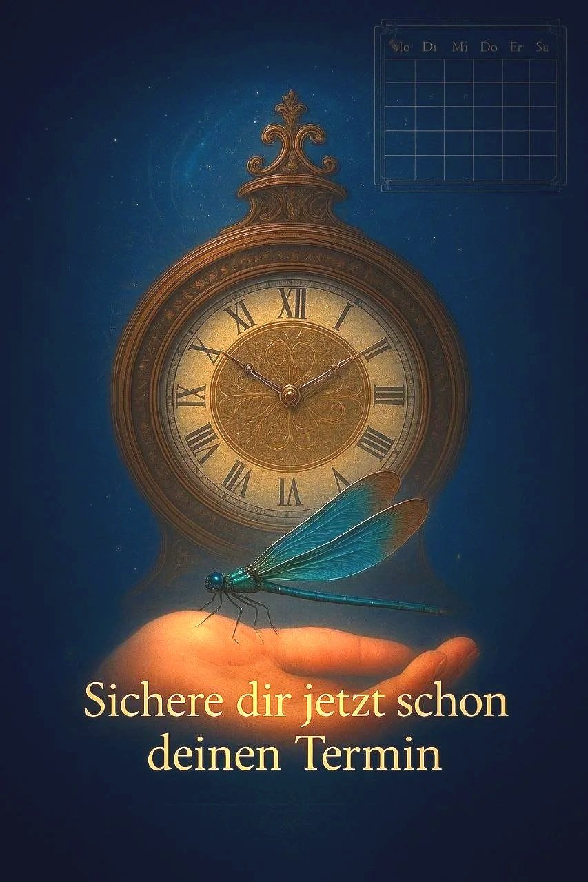Ein handscheinendes Uhrenbild mit einer goldenen Uhr, einer dekorativen Spitze oben, vor einem dunklen blauen Hintergrund. Ein blau-grüner Marienkäfer sitzt auf einem Fingernagel, darunter ein Text: 'Sichere dir jetzt schon deinen Termin'.