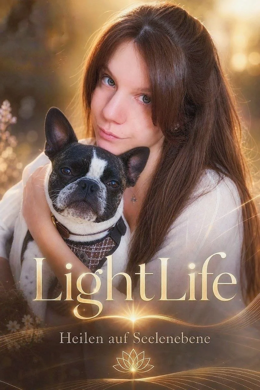 Ein junges Mädchen mit langen braunen Haaren hält einen schwarzen und weißen Hund, während im Hintergrund ein warmes Sonnenlicht scheint.