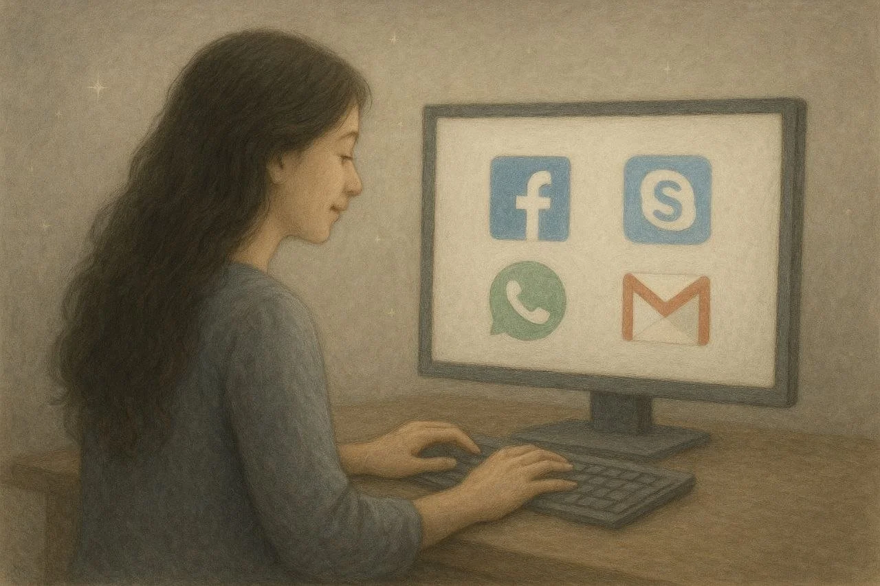 Eine Frau sitzt am Schreibtisch vor einem Computerbildschirm, auf dem die Logos von Facebook, Skype, WhatsApp, Gmail und einem E-Mail-Programm angezeigt werden.