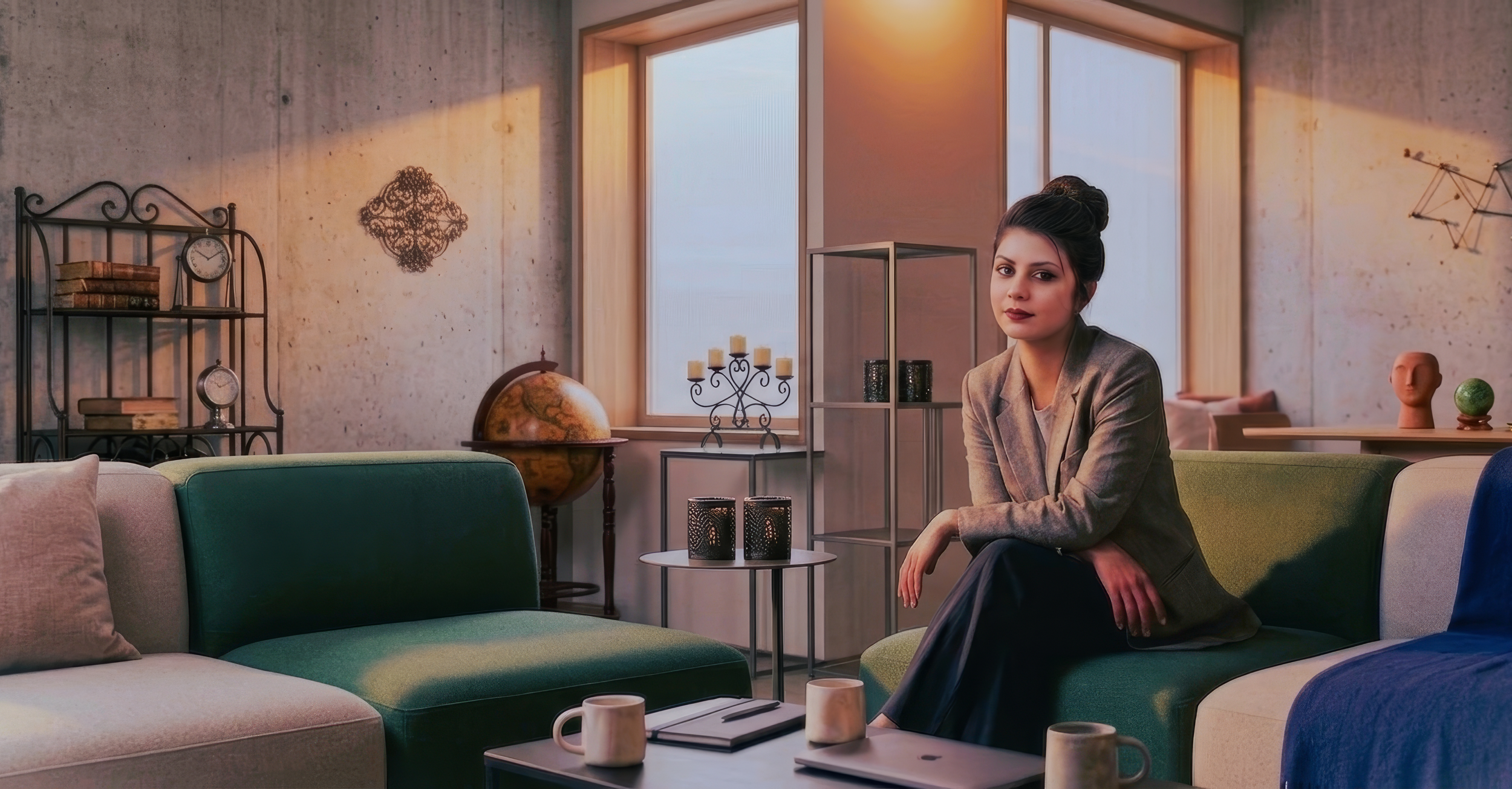 A young woman with dark hair in a bun, wearing a brown checked blazer and black skirt, sitting on a green couch in a modern living room with large windows, decorative objects, and furniture.