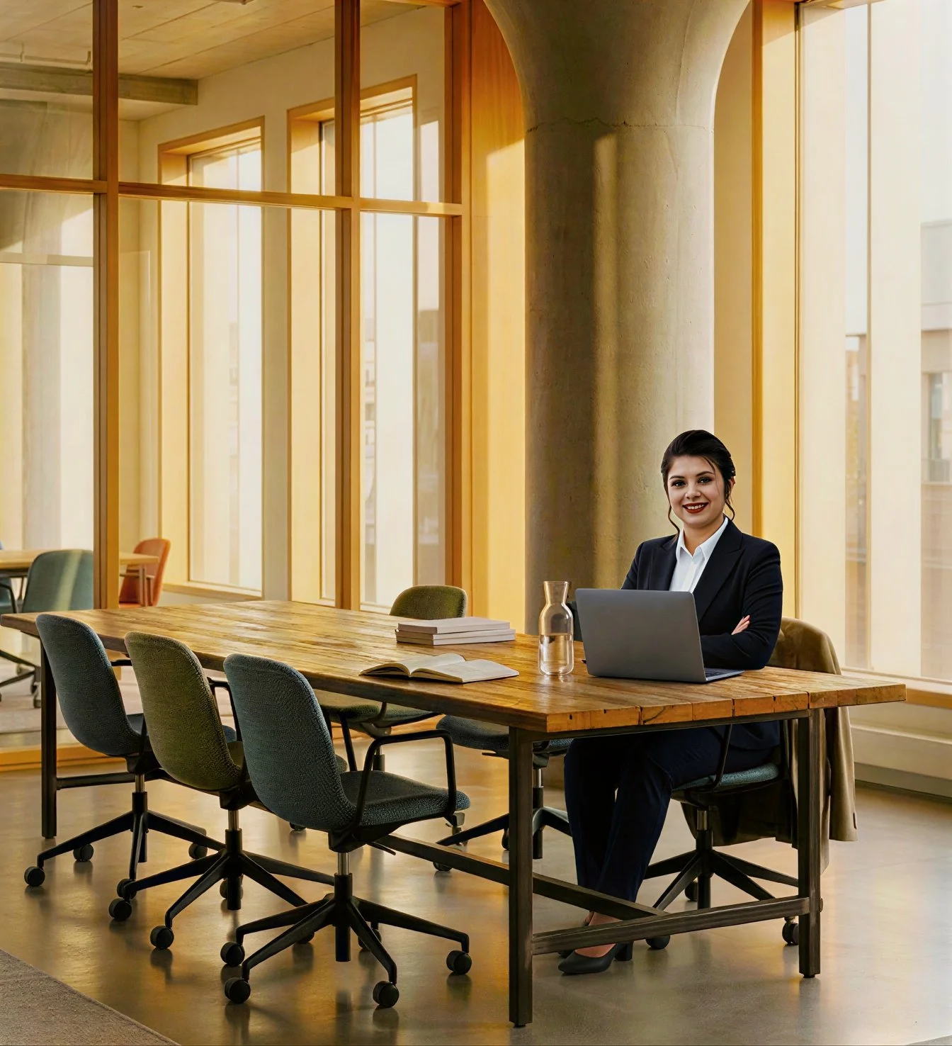 A woman in a business suit sitting at a large wooden table in a bright modern office with floor-to-ceiling windows, chairs around the table, and a laptop, books, and a water bottle on the table.