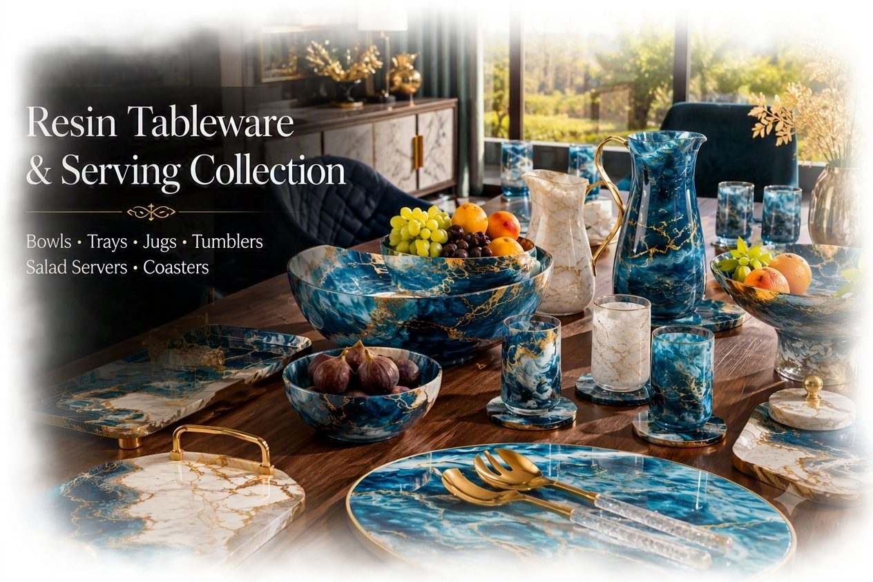 A luxurious dining table set with resin and marble-patterned tableware, including bowls, trays, jugs, tumblers, and salad servers, with fresh fruit and decorative vases, in a room with large window showing a sunny outdoor scene.