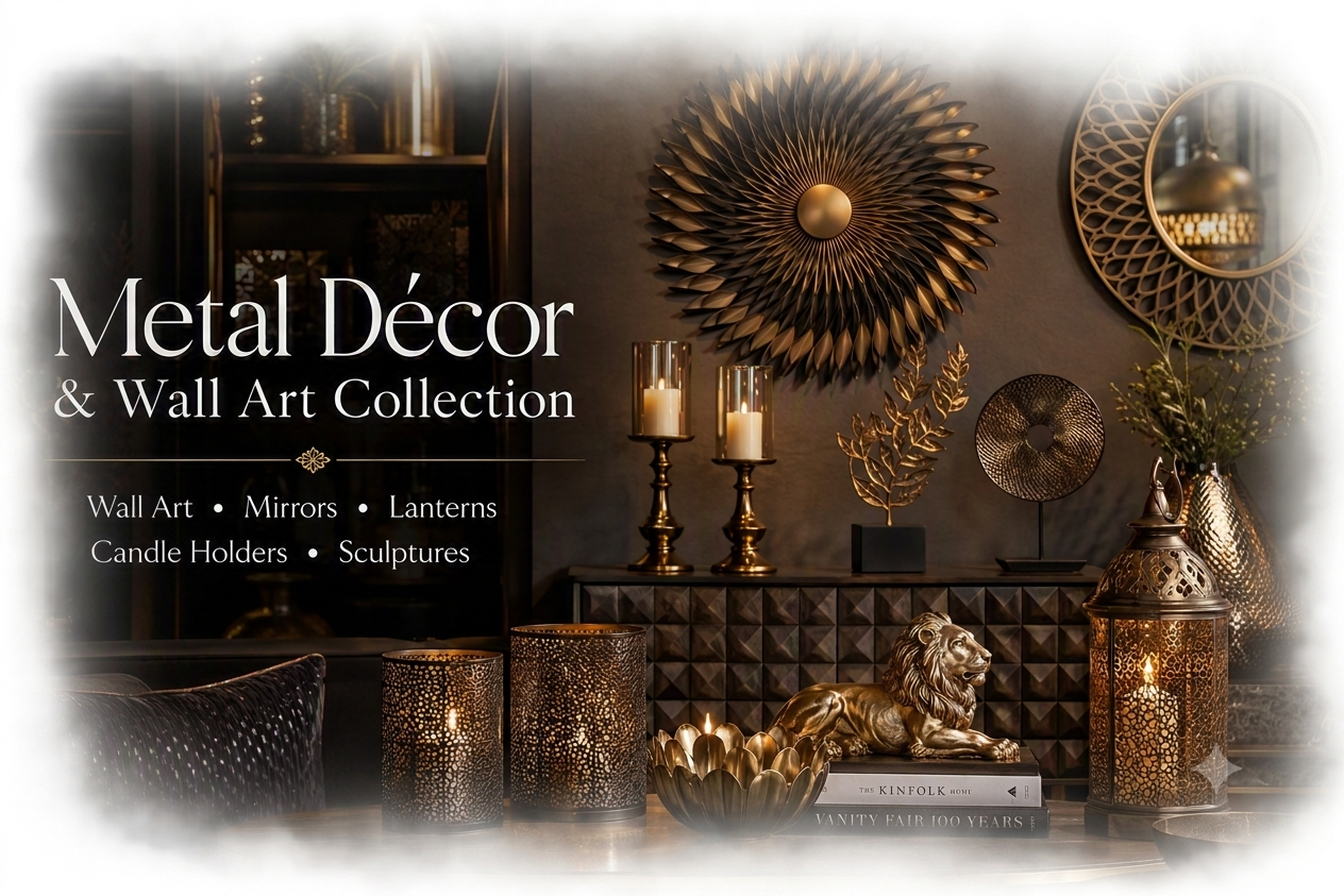 Decorative metallic wall art and various gold accents in a living room setting.