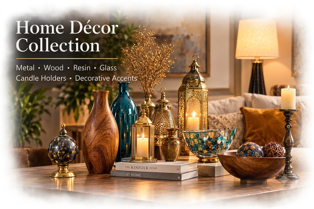 Home decor collection featuring metal, wood, resin, and glass candles, holders, and decorative accents on a wooden table in a cozy living room.