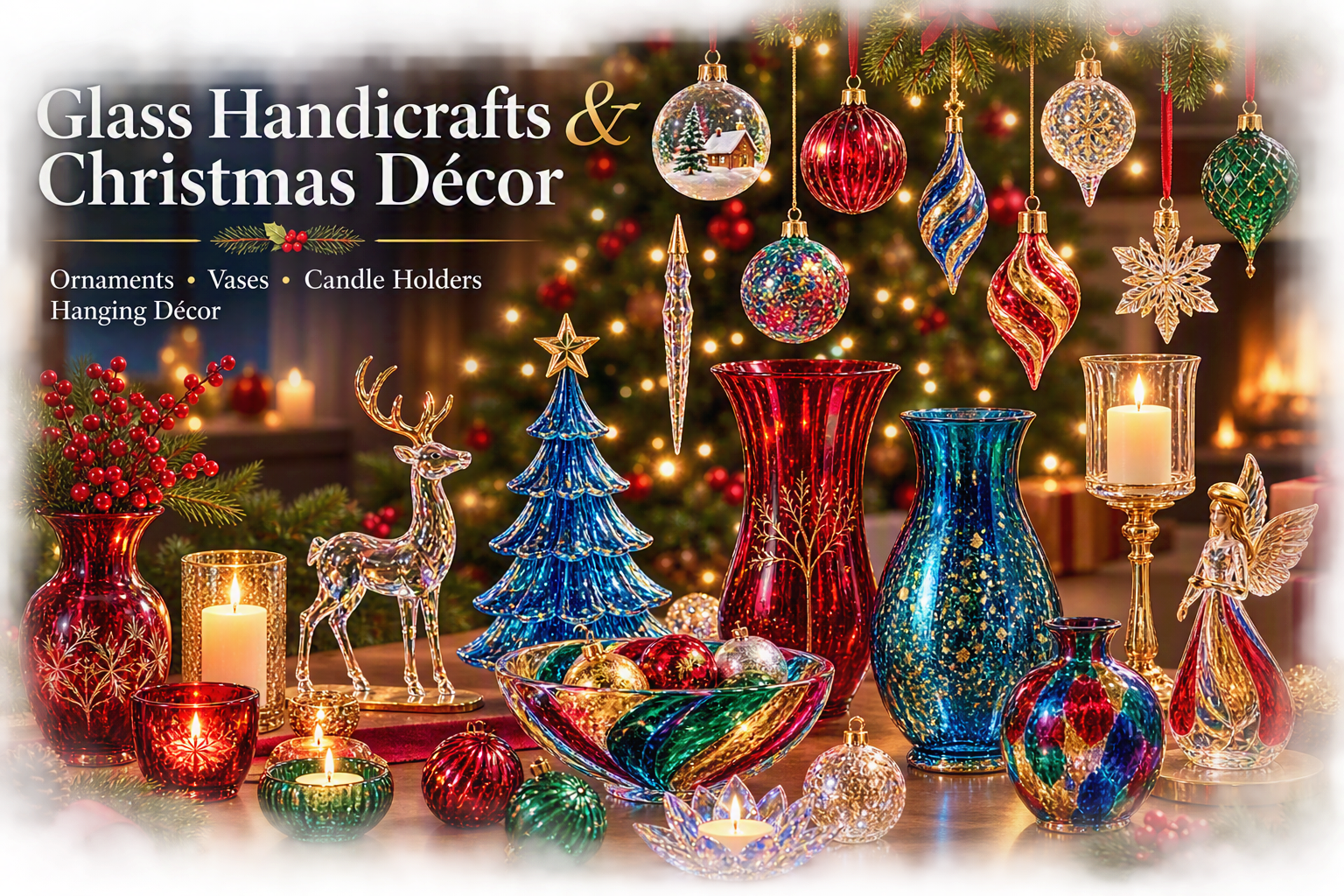 A festive display of colorful glass Christmas ornaments, vases, and candle holders arranged on a table with a decorated Christmas tree in the background. The scene includes a glass reindeer, a glass fairy figure, and various lit candles, creating a w